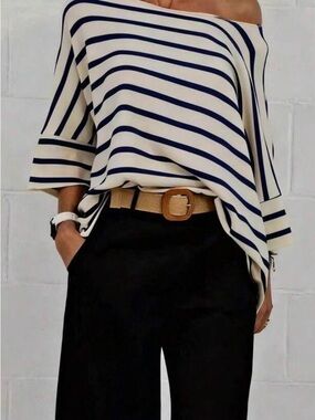 Striped Off-Shoulder Nautical Top - Navy & Cream
